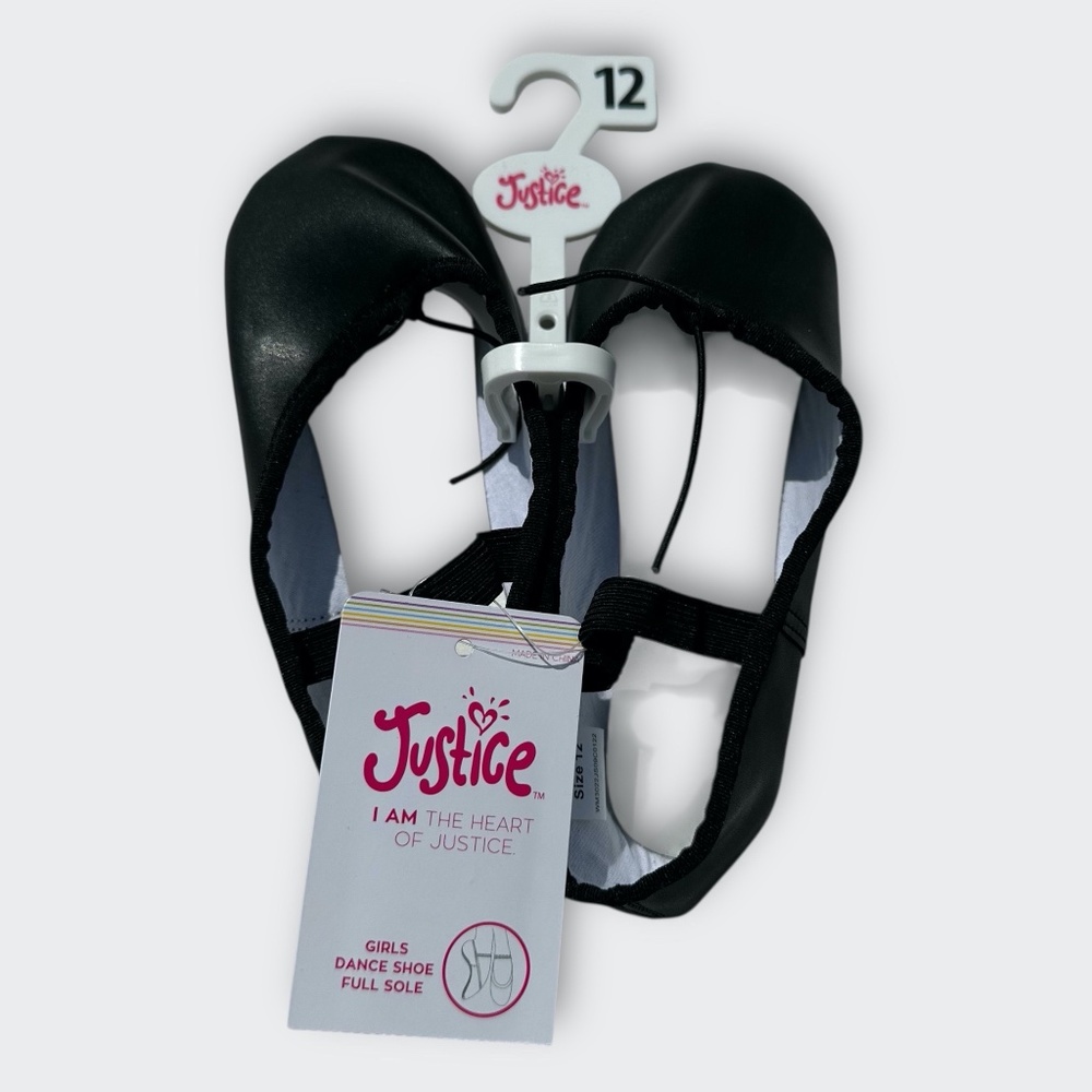 Justice Girls Ballet Shoes Dance Class Leather Sole Adjust Strap Black 12 NEW